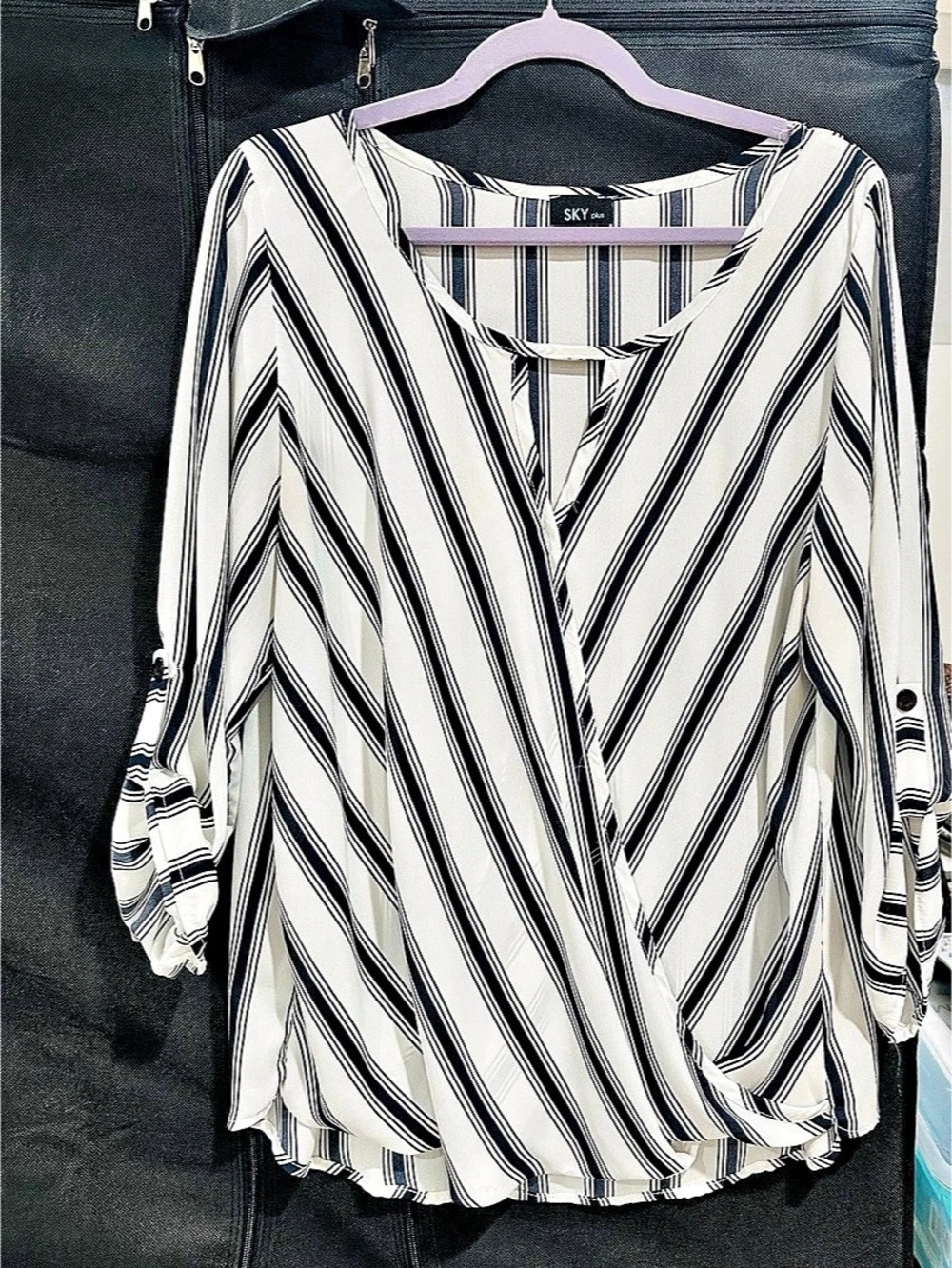 SKY plus Striped Blouse in White & Blue Like New